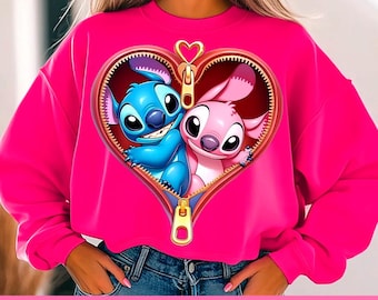Stitch and Angel Heart Zipper PNG: Cartoon Sublimation Design (Digital Download)