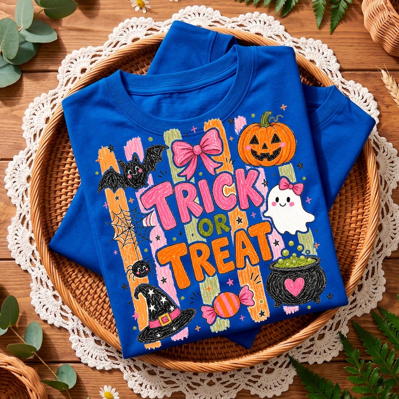 May include: A royal blue t-shirt featuring a colourful Halloween graphic with the text "TRICK OR TREAT". The design includes a pumpkin, a ghost, a witch hat, a bat, a spider web, a spider, a pink bow, and a cauldron filled with green potion.