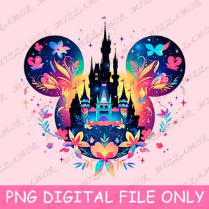 Diseño de sublimación de orejas de Mickey Mouse con flores PNG, camiseta de Disneyland Png, diseño de camiseta de castillo de Disneyland Png, camiseta de viaje familiar de Disneyland Png