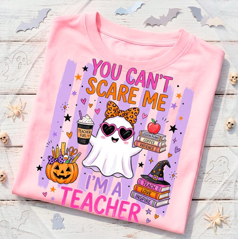Preppy teacher Halloween shirt design with ghost illustration and funny educator quote