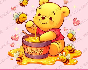 May include: A cartoon illustration of a yellow bear in a red shirt, sitting next to a wooden barrel of honey. Several bees and heart shapes surround the bear. The word "Honey" is on the barrel.