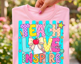 Preppy Teacher PNG Teach Love Inspire Sublimation Design Striped Coquette Bow Shirt