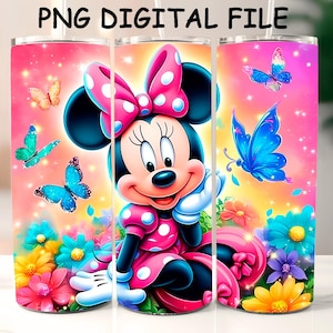 Tumbler Wrap a farfalla di Minnie Mouse, design a sublimazione floreale colorato, da 20 once, sottile e dritto, design estivo, file digitale
