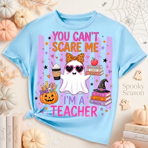 Halloween teacher sublimation PNG featuring cute ghost coffee books pumpkin and school supplies