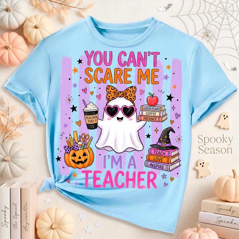 Halloween teacher sublimation PNG featuring cute ghost coffee books pumpkin and school supplies
