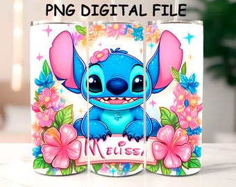 Custom Name Stitch Floral Tumbler Wrap PNG - 20oz Skinny Tumbler Design (Digital Download)