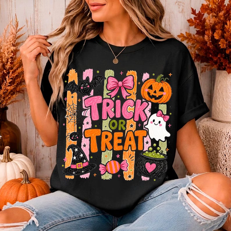 May include: A black t-shirt featuring a colourful Halloween graphic with the text "TRICK OR TREAT" in pink and orange. The design includes a pumpkin, a ghost, a witch hat, a bat, a spider, a bow, and a cauldron against vertical stripes.