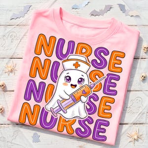Halloween Nurse Ghost PNG featuring adorable medical ghost and colorful typography for sublimation shirt design