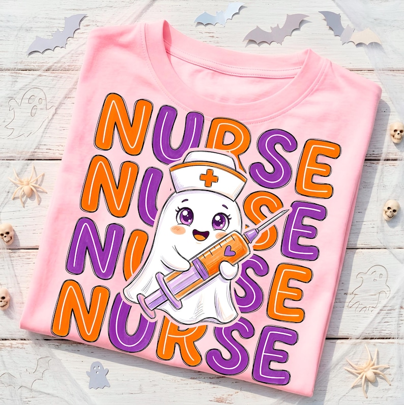 Halloween Nurse Ghost PNG featuring adorable medical ghost and colorful typography for sublimation shirt design