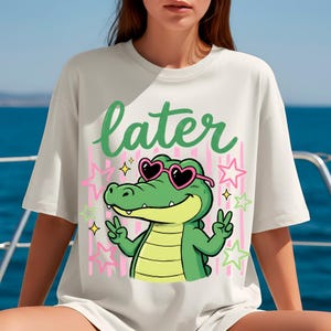 Funny alligator PNG retro summer sublimation design for t-shirt with pink stars and cute gator