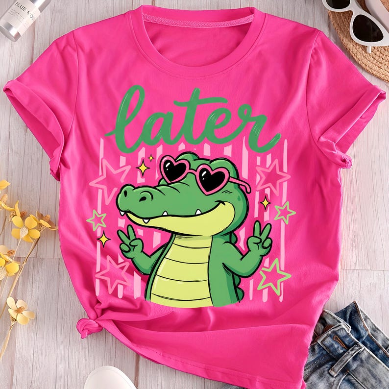 Cute Later Gator PNG for sublimation featuring cartoon crocodile in heart glasses on shirt