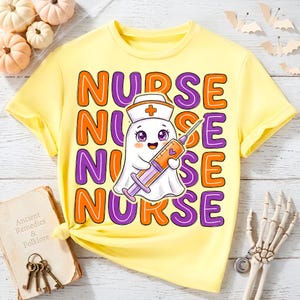 Spooky Season Nurse PNG with cute ghost nurse illustration perfect for Halloween medical apparel and DIY crafts