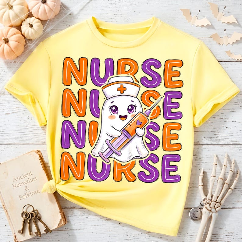 Spooky Season Nurse PNG with cute ghost nurse illustration perfect for Halloween medical apparel and DIY crafts
