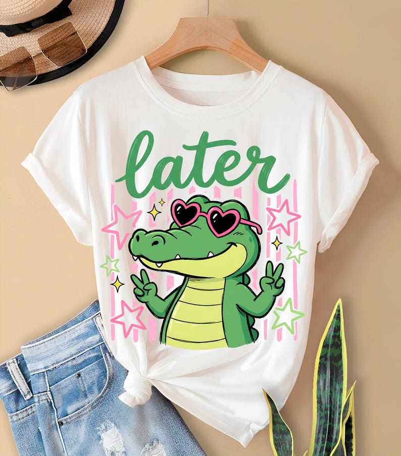 Later Gator PNG design with cute green alligator wearing heart sunglasses shirt
