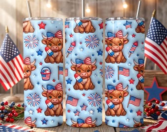 Patriotic Cow Tumbler Wrap PNG Inflated Highland Cow 4th of July Sublimation Design