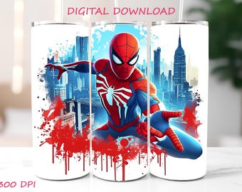Spiderman Tumbler Wrap PNG Superhero Skyline Sublimation Design