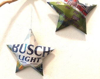Busch Light  or Busch or NA Beer Stars Ornaments Aluminum Can Repurposed, Red Barn Farm Stars