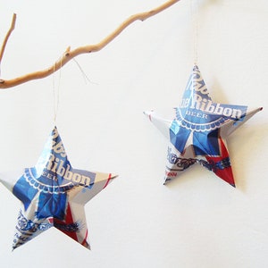 Pabst Blue Ribbon Beer Stars Christmas Ornaments, Aluminum Can Upcycled PBR, Mancave, Gift Toppers image 2