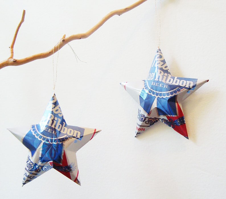 Pabst Blue Ribbon Beer Stars Christmas Ornaments, Aluminum Can Upcycled PBR, Mancave, Gift Toppers image 2
