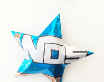 NoS NOS Choice of Blue or Purple Energy Drink Ornament, Recycled Aluminum Can Star, Christmas White,