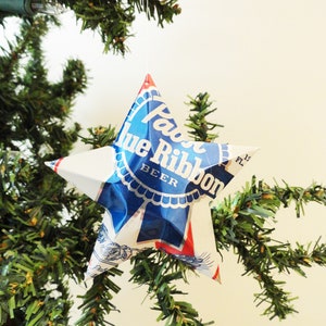 Pabst Blue Ribbon Beer Stars Christmas Ornaments, Aluminum Can Upcycled PBR, Mancave, Gift Toppers imagen 1
