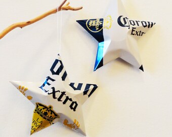 Corona Premium, Corona Extra or Corona Light Beer Stars Christmas Ornaments Aluminum Can Repurposed