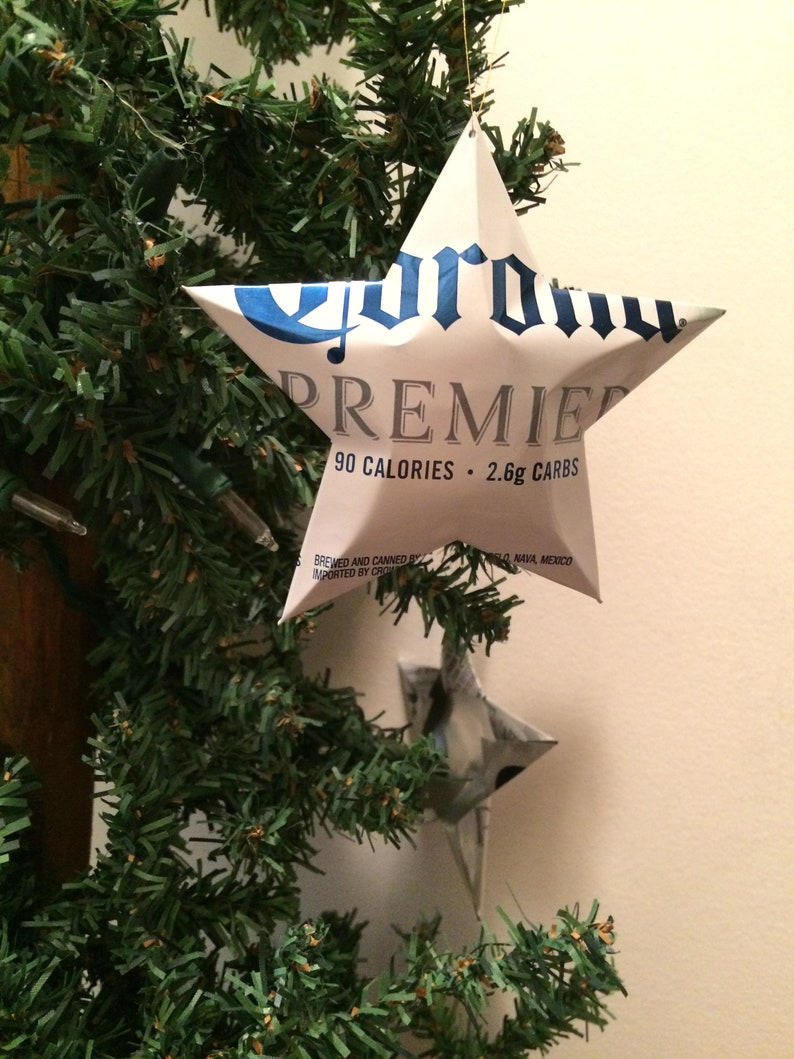 Corona Premium, Corona Extra or Corona Light Beer Stars Christmas Ornaments Aluminum Can Repurposed image 6