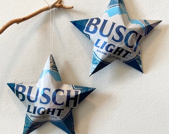 Repurposed Busch Beer Can Stars: Red Barn Farm Christmas Ornaments