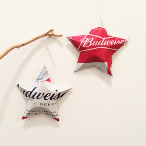Budweiser Beer and Bud Holiday Recycled Stars Christmas Ornaments Aluminum Can Upcycled Bud