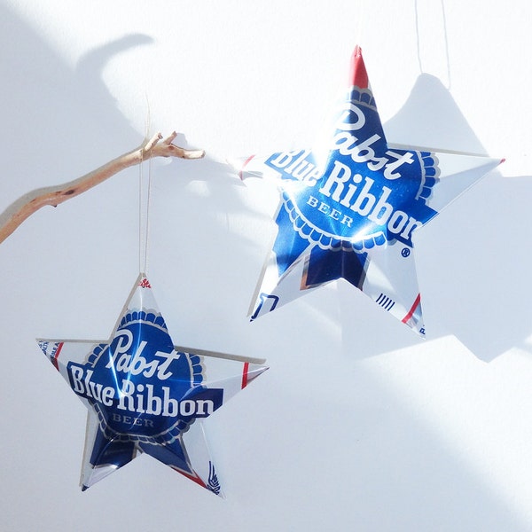 Larger Pabst Blue Ribbon Beer Stars Christmas Ornaments , Set of 2, Aluminum Can Upcycled PBR