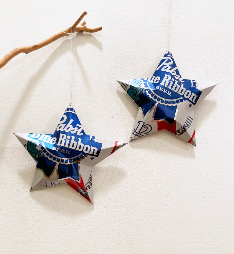 Pabst Blue Ribbon Beer Stars Christmas Ornaments, Aluminum Can Upcycled PBR, Mancave, Gift Toppers image 3