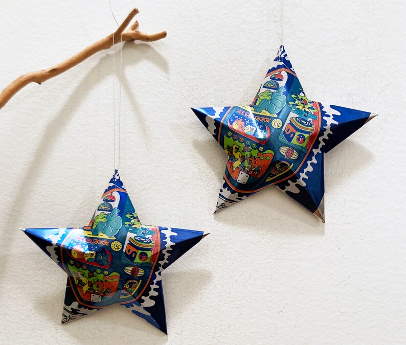 Pabst Blue Ribbon Beer Stars Christmas Ornaments, Aluminum Can Upcycled PBR, Mancave, Gift Toppers 2 blue man