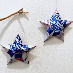 Pabst Blue Ribbon Beer Stars Christmas Ornaments, Aluminum Can Upcycled PBR, Mancave, Gift Toppers 1 PBR, 1 Cool Blue