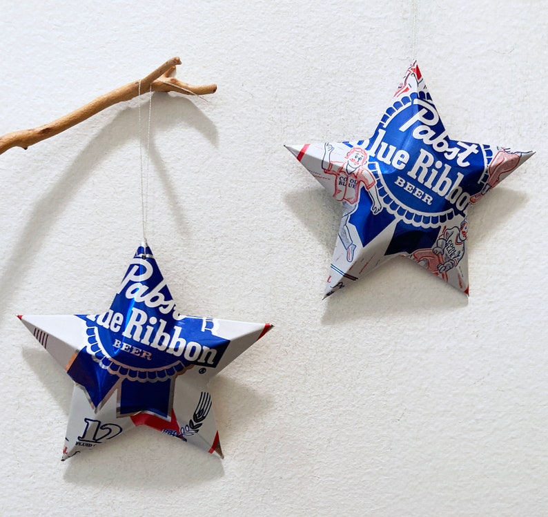 Pabst Blue Ribbon Beer Stars Christmas Ornaments, Aluminum Can Upcycled PBR, Mancave, Gift Toppers image 7