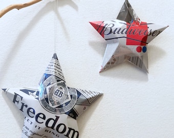 Budweiser Beer and Bud Holiday Recycled Stars Christmas Ornaments Aluminum Can Upcycled Bud