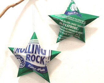 Rolling Rock Extra Pale Ale Beer Stars Christmas Ornaments Aluminum Can Upcycled