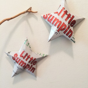 May include: Two white paper stars hanging from a branch. The stars are decorated with the words "Little Sumpin'" in red letters.