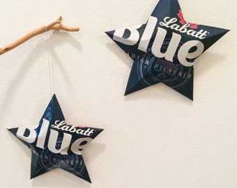 Labatt Blue  Beer Stars,  Stars Christmas Ornaments, Upcycled Aluminum Can, Recycled, Canada, London, Ontario, Canadian Pilsener