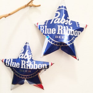 Pabst Blue Ribbon Beer Stars Christmas Ornaments, Aluminum Can Upcycled PBR, Mancave, Gift Toppers image 6