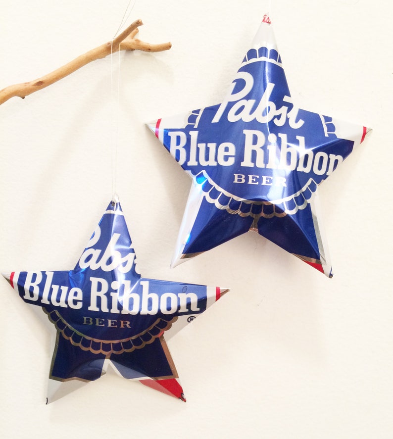 Pabst Blue Ribbon Beer Stars Christmas Ornaments, Aluminum Can Upcycled PBR, Mancave, Gift Toppers 2- 4" PBR Stars