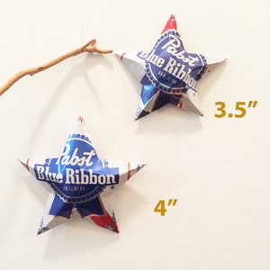 Pabst Blue Ribbon Beer Stars Christmas Ornaments, Aluminum Can Upcycled PBR, Mancave, Gift Toppers image 5