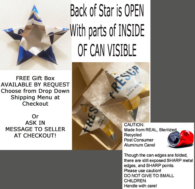 May include: Handmade star decorations made from recycled aluminium cans. The stars are blue and silver, with visible text from the original cans. The back of the star is open, showing the inside. The image also shows the stars in a gift box.