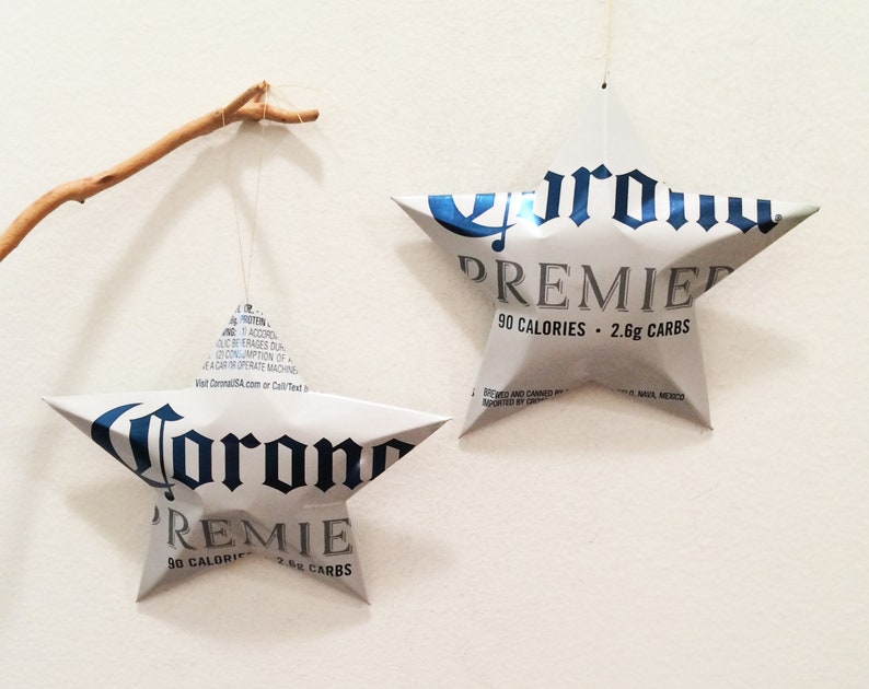 Corona Premium, Corona Extra or Corona Light Beer Stars Christmas Ornaments Aluminum Can Repurposed image 7