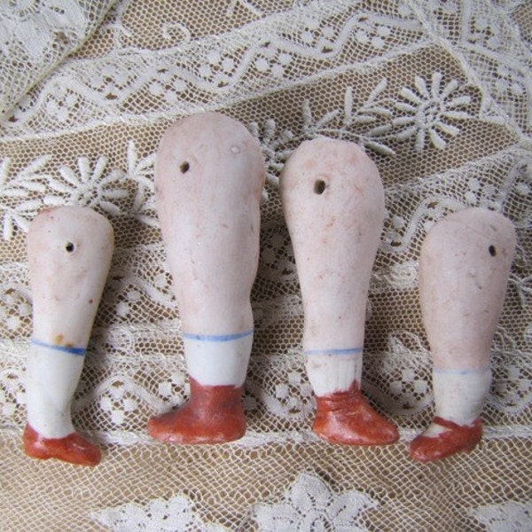 Four Painted  Antique German Bisque Doll Legs with Red Shoes