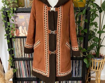 Vintage 1970s Brown Hooded Afghan Coat