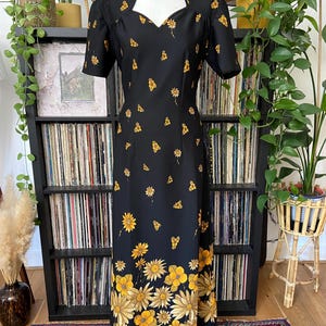 Vintage 1970s Black Floral Print Maxi Dress