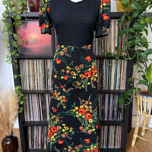 Vintage 1970s Black Ruched Floral Maxi Dress