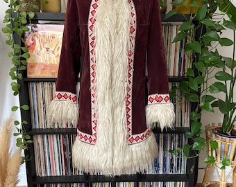 Vintage 1970s Burgundy Velvet Embroidered Trim Afghan Coat