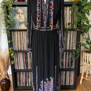 Vintage 1970s Black Floral Button Up Maxi Dress