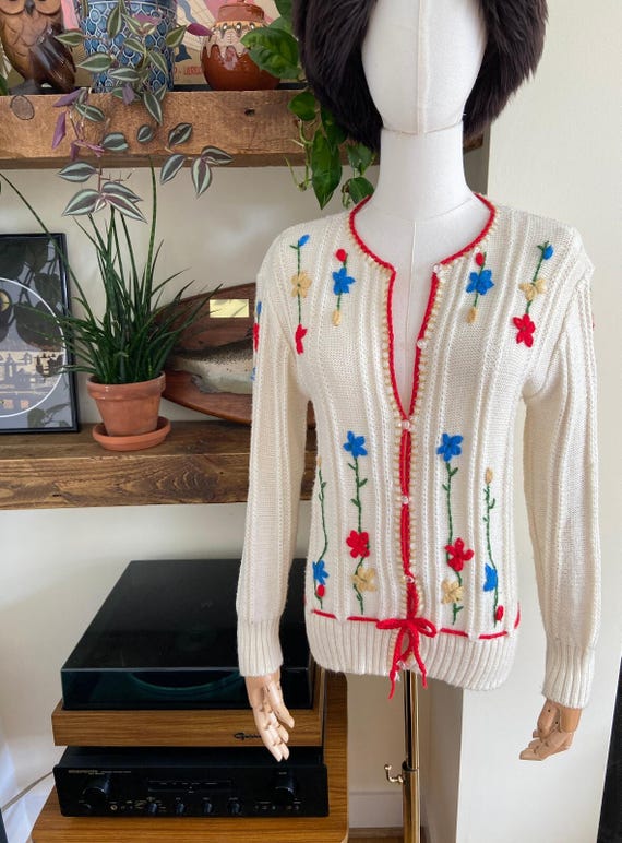 Vintage 1980s Cream Embroidered Folk Cardigan